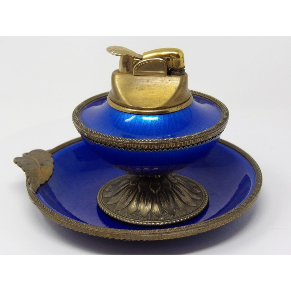 Evans Elegance Blue Enamel & Brass Guilloche Pedestal Table Lighter & Ashtray